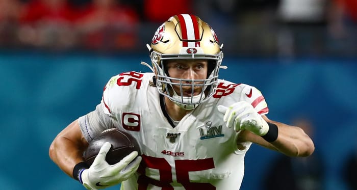 San Francisco 49ers tight end George Kittle (85) runs after a reception against the Kansas City Chiefs in Super Bowl LIV at Hard Rock Stadium.